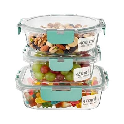 Amig Set mit 3 luftdichten Glasbehältern für Lebensmittel Fassungsvermögen: 400 ml / 370 ml / 320 ml Rund, rechteckig und quadratisch Für Mikrowelle und Geschirrspüler Grüne Farbe Amig Set mit 3 luftdichten Glasbehältern für Lebensmittel Fassungsvermögen: 400 ml / 370 ml / 320 ml Rund, rechteckig und quadratisch Für Mikrowelle und Geschirrspüler Grüne Farbe