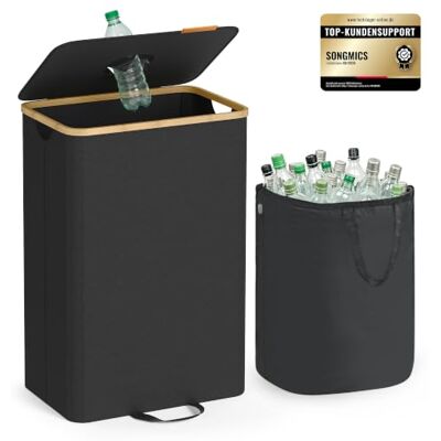 SONGMICS Pfandflaschen-Sammelbehälter, 95 L, Flaschensammler Leergut Recycling-Behälter, mit Loch, Deckel, Innensack mit Griffen, Küche, tintenschwarz-naturbeige, ROXANNE Kollektion RRB509B01 SONGMICS Pfandflaschen-Sammelbehälter, 95 L, Flaschensammler Leergut Recycling-Behälter, mit Loch, Deckel, Innensack mit Griffen, Küche, tintenschwarz-naturbeige, ROXANNE Kollektion RRB509B01