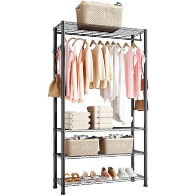 VEVOR Kleiderständer Garderobenständer (höhenverstellbar) aus Karbonstahl mit 1 Kleiderstange & 227 kg Tragkraft & 4 Regalen & 8 Haken, für Schlafzimmer Bekleidungsgeschäft Garderobe Flur VEVOR Kleiderständer Garderobenständer (höhenverstellbar) aus Karbonstahl mit 1 Kleiderstange & 227 kg Tragkraft & 4 Regalen & 8 Haken, für Schlafzimmer Bekleidungsgeschäft Garderobe Flur