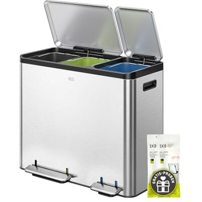 EKO Ecocasa Mülleimer Küche 3 Fächer, 3 x 15 Liter, Abfalleimer mit farbcodierbaren Inneneimern, Tretmülleimer mit deckel, sanftem Schließen, geruchsdicht, Mülltrennsystem 3fach, Gebürsteter Edelstahl EKO Ecocasa Mülleimer Küche 3 Fächer, 3 x 15 Liter, Abfalleimer mit farbcodierbaren Inneneimern, Tretmülleimer mit deckel, sanftem Schließen, geruchsdicht, Mülltrennsystem 3fach, Gebürsteter Edelstahl
