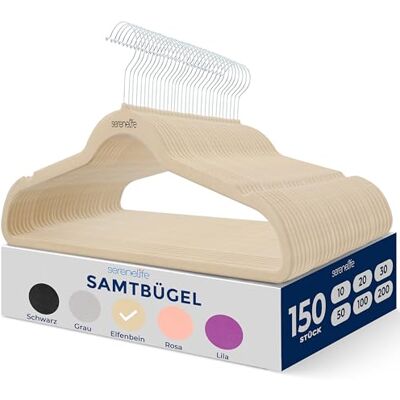 SereneLife Platzsparende Kleiderbügel Samt 150 Stück, Kleiderhaken für Kleideraufbewahrung & Organisation, Hanger Clothes for Home, Bügel rutschfest, Aufhänger 360° drehbarer Haken, Naturfarbe SereneLife Platzsparende Kleiderbügel Samt 150 Stück, Kleiderhaken für Kleideraufbewahrung & Organisation, Hanger Clothes for Home, Bügel rutschfest, Aufhänger 360° drehbarer Haken, Naturfarbe