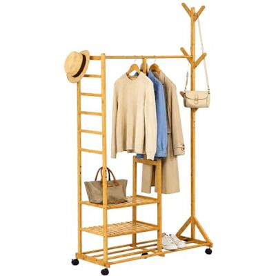 Relaxdays Kleiderständer mit Rollen, Bambus, 4 Ablagen, Natur Garderobenbaum, HxBxT: 176 x 100 x 38 cm, Rollgarderobe Relaxdays Kleiderständer mit Rollen, Bambus, 4 Ablagen, Natur Garderobenbaum, HxBxT: 176 x 100 x 38 cm, Rollgarderobe