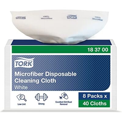 Tork Mikrofaser Einweg Reinigungstücher Weiß mit blauem Druck, Zur trockenen und nassen Verwendung, 8 × 40 Tücher, 183700 Tork Mikrofaser Einweg Reinigungstücher Weiß mit blauem Druck, Zur trockenen und nassen Verwendung, 8 × 40 Tücher, 183700