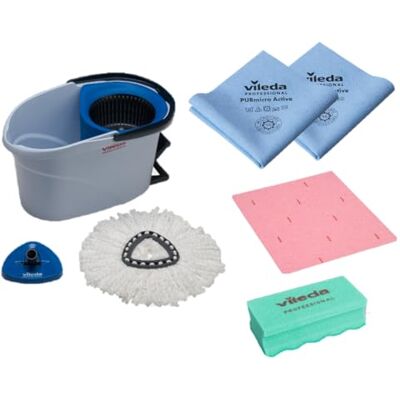 Vileda Professional Set Bodenwischer mit drehbarem Wischmopp, UltraSpin Mini Welcome Kit, Pedaleimer, Mikrofaser-Mopp, Schwamm und PURmicro Blaue Tücher, Reinigung für Hotels, Bars und Restaurants Vileda Professional Set Bodenwischer mit drehbarem Wischmopp, UltraSpin Mini Welcome Kit, Pedaleimer, Mikrofaser-Mopp, Schwamm und PURmicro Blaue Tücher, Reinigung für Hotels, Bars und Restaurants