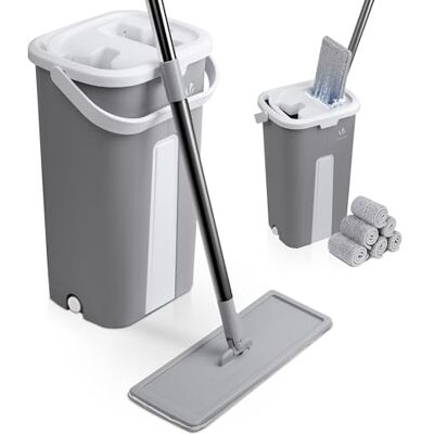 VOUNOT Wischmopp Set mit Eimer, Bodenwischer zum Auswringfunktion, Flacher Mikrofaser & Putzset mit Edelstahlgriff, 6 Wiederverwendbare Wischmop Ersatzbezüge, alle Arten von Böden Grau VOUNOT Wischmopp Set mit Eimer, Bodenwischer zum Auswringfunktion, Flacher Mikrofaser & Putzset mit Edelstahlgriff, 6 Wiederverwendbare Wischmop Ersatzbezüge, alle Arten von Böden Grau