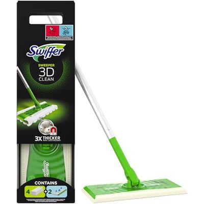 Swiffer Bodenwischer 3D Clean Starterkit, 1 Stab + 4 Trockene Bodentücher + 2 Feuchte Bodentücher, Set für Hartholz & Hartböden, entfernt Staub & Schmutz Swiffer Bodenwischer 3D Clean Starterkit, 1 Stab + 4 Trockene Bodentücher + 2 Feuchte Bodentücher, Set für Hartholz & Hartböden, entfernt Staub & Schmutz