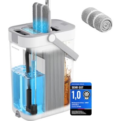 SONGMICS Wischmopp-Set mit Eimer, Bodenwischer, 1 Mikrofaserbezug Trennung von Frisch- und Schmutzwasser, 3-Kammer-Eimer mit Abstreifer, 360° drehbarer Wischkopf, CLEMAX Kollektion LMB001WT01 SONGMICS Wischmopp-Set mit Eimer, Bodenwischer, 1 Mikrofaserbezug Trennung von Frisch- und Schmutzwasser, 3-Kammer-Eimer mit Abstreifer, 360° drehbarer Wischkopf, CLEMAX Kollektion LMB001WT01