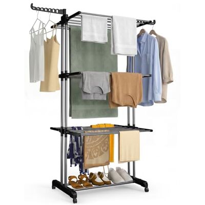VOUNOT ® Wäscheständer Turm 4 Etagen, Platzsparender, Klappbarer Flügelwäscheständer mit Rollen & Seitenflügeln, Standtrockner Wäscheturm Groß, für Innen & Außen, 126x63x170 cm Schwarz-Grau VOUNOT ® Wäscheständer Turm 4 Etagen, Platzsparender, Klappbarer Flügelwäscheständer mit Rollen & Seitenflügeln, Standtrockner Wäscheturm Groß, für Innen & Außen, 126x63x170 cm Schwarz-Grau