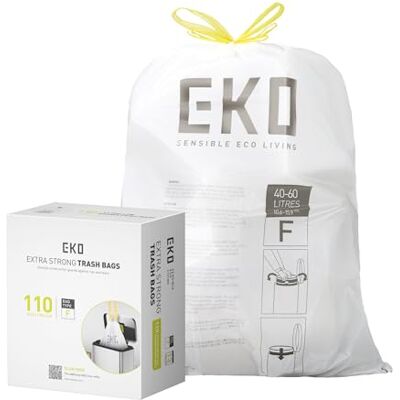 EKO Extra starke Müllbeutel mit Kordelzug, robuste Müllbeutel für Küche und Haushalt (50 l), auslaufsicher, 50 l, 110 Stück, Code F EKO Extra starke Müllbeutel mit Kordelzug, robuste Müllbeutel für Küche und Haushalt (50 l), auslaufsicher, 50 l, 110 Stück, Code F