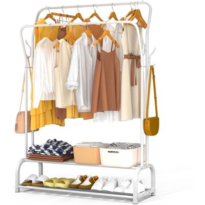 VOUNOT ® Kleiderständer, Kleiderstange Doppelt, Garderobenständer Metall mit 2-lagigem Schuhregal und 4 seitlichen Haken, Stabil, Schwerlast, für Schlafzimmer Flur Ankleidezimmer, 110x35x146cm, Weiß VOUNOT ® Kleiderständer, Kleiderstange Doppelt, Garderobenständer Metall mit 2-lagigem Schuhregal und 4 seitlichen Haken, Stabil, Schwerlast, für Schlafzimmer Flur Ankleidezimmer, 110x35x146cm, Weiß