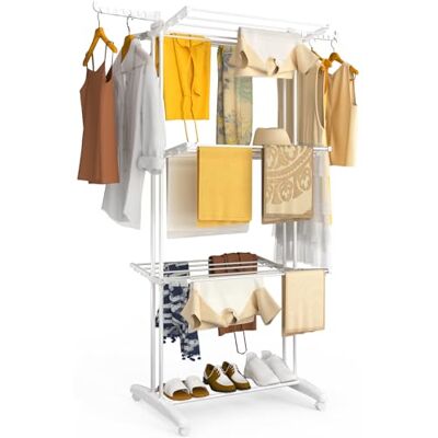 VOUNOT ® Wäscheständer Turm 4 Etagen, Platzsparender, Klappbarer Flügelwäscheständer mit Rollen & Seitenflügeln, Standtrockner Wäscheturm für Innen & Außen, 125x62x173 cm Weiß VOUNOT ® Wäscheständer Turm 4 Etagen, Platzsparender, Klappbarer Flügelwäscheständer mit Rollen & Seitenflügeln, Standtrockner Wäscheturm für Innen & Außen, 125x62x173 cm Weiß