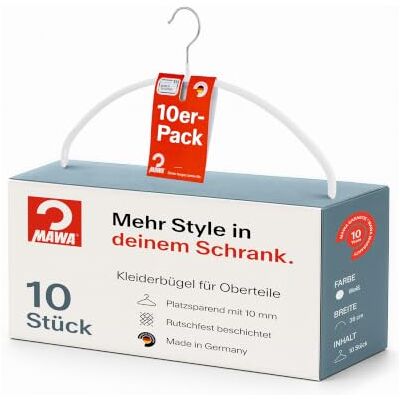 MAWA Kleiderbügel, Set mit 10 hochwertigen, platzsparenden, rutschfesten Kleiderbügeln, ideal für T-Shirts und Pullover, mit 360° drehbarem Haken und Rutschfester Beschichtung, 36 cm, Weiß MAWA Kleiderbügel, Set mit 10 hochwertigen, platzsparenden, rutschfesten Kleiderbügeln, ideal für T-Shirts und Pullover, mit 360° drehbarem Haken und Rutschfester Beschichtung, 36 cm, Weiß