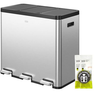 EKO Essential Mülleimer 3 Fächer, 3 x 20 L, Mülleimer Küche 60L, Mülltrennsystem 3fach, mit sanftem Schließen und luftdicht, 20 Müllbeutel, Abfalleimer mit Deckel, Inneneimern, Treteimer aus Edelstahl EKO Essential Mülleimer 3 Fächer, 3 x 20 L, Mülleimer Küche 60L, Mülltrennsystem 3fach, mit sanftem Schließen und luftdicht, 20 Müllbeutel, Abfalleimer mit Deckel, Inneneimern, Treteimer aus Edelstahl