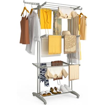 VOUNOT ® Wäscheständer Turm 4 Etagen, Platzsparender, Klappbarer Flügelwäscheständer mit Rollen & Seitenflügeln, Standtrockner Wäscheturm für Innen & Außen, 125x62x173 cm Grau VOUNOT ® Wäscheständer Turm 4 Etagen, Platzsparender, Klappbarer Flügelwäscheständer mit Rollen & Seitenflügeln, Standtrockner Wäscheturm für Innen & Außen, 125x62x173 cm Grau