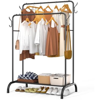 VOUNOT ® Kleiderständer, Kleiderstange Doppelt, Garderobenständer Metall mit Schuhregal und 4 seitlichen Haken, Stabil, Schwerlast, für Schlafzimmer Flur Ankleidezimmer, 110x58x150cm Schwarz VOUNOT ® Kleiderständer, Kleiderstange Doppelt, Garderobenständer Metall mit Schuhregal und 4 seitlichen Haken, Stabil, Schwerlast, für Schlafzimmer Flur Ankleidezimmer, 110x58x150cm Schwarz