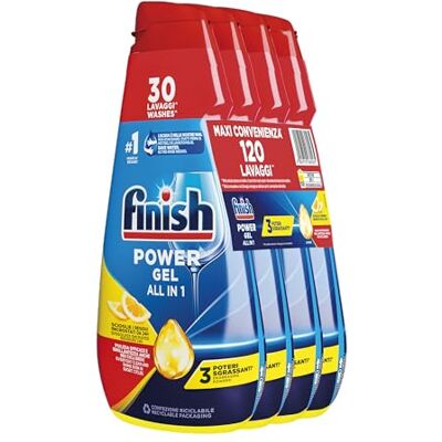 Finish Powergel Flüssigwaschmittel für die Spülmaschine, multifunktional, entfettende Wirkung, Zitronengel, 120 Waschgänge, 4 Packungen mit je 30 Wäschen Finish Powergel Flüssigwaschmittel für die Spülmaschine, multifunktional, entfettende Wirkung, Zitronengel, 120 Waschgänge, 4 Packungen mit je 30 Wäschen