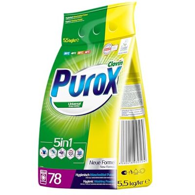 Clovin Purox PUROX Universal Waschpulver 5,5 kg, 78 Waschladungen, für alle Textilien Clovin Purox PUROX Universal Waschpulver 5,5 kg, 78 Waschladungen, für alle Textilien