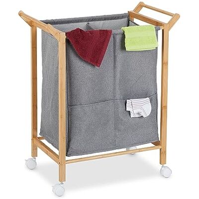 Relaxdays Wäschekorb, 2 Fächer, 80 l, Wäschesammler auf Rollen, Bambus & Stoff, H x B x T: 76 x 65 x 35 cm, natur/grau Relaxdays Wäschekorb, 2 Fächer, 80 l, Wäschesammler auf Rollen, Bambus & Stoff, H x B x T: 76 x 65 x 35 cm, natur/grau
