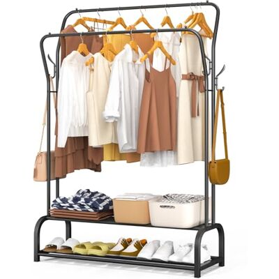 VOUNOT ® Kleiderständer, Kleiderstange Doppelt, Garderobenständer Metall mit 2-lagigem Schuhregal und 4 seitlichen Haken, Stabil, Schwerlast, für Schlafzimmer Flur Ankleidezimmer, 110x35x146cm, Schwarz VOUNOT ® Kleiderständer, Kleiderstange Doppelt, Garderobenständer Metall mit 2-lagigem Schuhregal und 4 seitlichen Haken, Stabil, Schwerlast, für Schlafzimmer Flur Ankleidezimmer, 110x35x146cm, Schwarz