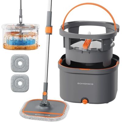 SONGMICS Wischmopp mit Eimer, Schmutzwasser-Trennung, 3,5 L Flachmopp, 360° Drehbar, Selbstreinigend, mit 2 Wischpads, 31 x 31 x 19 cm, Orange und Grau, CLEMAX Kollektion LMB006OT02 SONGMICS Wischmopp mit Eimer, Schmutzwasser-Trennung, 3,5 L Flachmopp, 360° Drehbar, Selbstreinigend, mit 2 Wischpads, 31 x 31 x 19 cm, Orange und Grau, CLEMAX Kollektion LMB006OT02