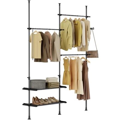 SoBuy Teleskop Kleiderständer mit Ablagen Schlafzimmer Schwarz Robuste Kleiderstange, verstellbarer offener Kleiderschrank und Garderobe, praktische Kleidungslösung, FRG34-II-SCH SoBuy Teleskop Kleiderständer mit Ablagen Schlafzimmer Schwarz Robuste Kleiderstange, verstellbarer offener Kleiderschrank und Garderobe, praktische Kleidungslösung, FRG34-II-SCH