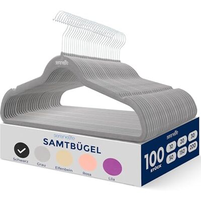 SereneLife Graue Kleiderbügel Samt 100 Stück, Kleiderhaken für Aufbewahrung & Organisation, Bügel rutschfest & Platzsparend, 360° drehbarer Haken, Einkerbungen im Schulterbereich, Clothes Hanger SereneLife Graue Kleiderbügel Samt 100 Stück, Kleiderhaken für Aufbewahrung & Organisation, Bügel rutschfest & Platzsparend, 360° drehbarer Haken, Einkerbungen im Schulterbereich, Clothes Hanger