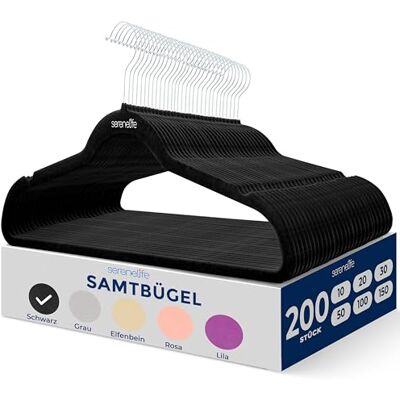 SereneLife Samt Kleiderbügel Schwarz 200 Stück, Kleiderhaken Bügel 360° drehbarer Haken, Bügel rutschfest & Platzsparend für Kleideraufbewahrung & Organisation in der Garderobe, Hanger Clothes SereneLife Samt Kleiderbügel Schwarz 200 Stück, Kleiderhaken Bügel 360° drehbarer Haken, Bügel rutschfest & Platzsparend für Kleideraufbewahrung & Organisation in der Garderobe, Hanger Clothes