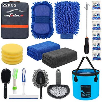 AUTODECO 22-teiliges Auto-Reinigungsset mit Blauer Leinentasche, Faltbarer Eimer, Waschhandschuh, Schwamm, Handtücher, Reifenbürste, Fensterkratzer, Staubwedel, komplettes Autopflege-Set AUTODECO 22-teiliges Auto-Reinigungsset mit Blauer Leinentasche, Faltbarer Eimer, Waschhandschuh, Schwamm, Handtücher, Reifenbürste, Fensterkratzer, Staubwedel, komplettes Autopflege-Set