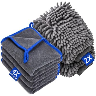 YOMKILU 6 Stück Auto Waschen Set, mit 4 Stück 600GSM Mikrofasertücher & 2 Waschhandschuh, Auto Reinigungsset Zubehör Accessoires Autopflege Trockentuch zum Kratzfreien, Car Cleaning Kit, 40x30cm YOMKILU 6 Stück Auto Waschen Set, mit 4 Stück 600GSM Mikrofasertücher & 2 Waschhandschuh, Auto Reinigungsset Zubehör Accessoires Autopflege Trockentuch zum Kratzfreien, Car Cleaning Kit, 40x30cm