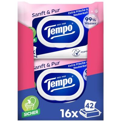 Tempo Feuchte Toilettentücher "Sanft & Pur" Megapack 16 Packungen mit je 42 Tüchern Duo Packs feuchtes Toilettenpapier, dermatologisch getestet und pH-hautneutral Tempo Feuchte Toilettentücher "Sanft & Pur" Megapack 16 Packungen mit je 42 Tüchern Duo Packs feuchtes Toilettenpapier, dermatologisch getestet und pH-hautneutral