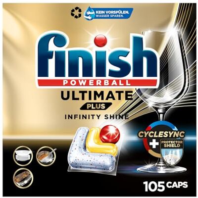 Finish Ultimate Plus Infinity Shine Citrus Spülmaschinentabs, Geschirrspültabs für intensive Reinigung gegen hartnäckige Flecken, starke Fettlösekraft und Glanz mit Schutzschild, 105 Caps Finish Ultimate Plus Infinity Shine Citrus Spülmaschinentabs, Geschirrspültabs für intensive Reinigung gegen hartnäckige Flecken, starke Fettlösekraft und Glanz mit Schutzschild, 105 Caps