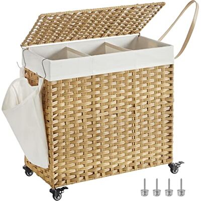 SONGMICS Wäschekorb mit Deckel, 140 L, Wäschesammler 3 Fächer, Wäschesortierer mit Rollen, in Rattan-Optik, Wäschesack herausnehmbar, für Waschküche, 66 x 33 x 66 cm, naturfarben LCB363N01 SONGMICS Wäschekorb mit Deckel, 140 L, Wäschesammler 3 Fächer, Wäschesortierer mit Rollen, in Rattan-Optik, Wäschesack herausnehmbar, für Waschküche, 66 x 33 x 66 cm, naturfarben LCB363N01