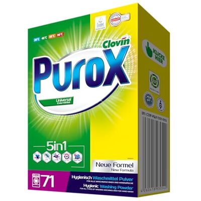Clovin Purox PUROX Universal Waschpulver 5 kg, 71 Waschladungen, für alle Textilien Clovin Purox PUROX Universal Waschpulver 5 kg, 71 Waschladungen, für alle Textilien