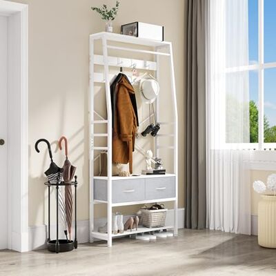 YITAHOME Garderobenständer mit Schuhbank Schuhregal, 8 Haken, Weiß YITAHOME Garderobenständer mit Schuhbank Schuhregal, 8 Haken, Weiß