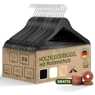 Blumtal 20 Kleiderbügel aus schwarzem Holz – Kleiderbügel aus Holz rutschfest – für Erwachsene mit 360 ° drehbarem Haken aus Chrom – mit 2 Kerben – mit Rutschfester Aufhängeleiste, Schwarz Blumtal 20 Kleiderbügel aus schwarzem Holz – Kleiderbügel aus Holz rutschfest – für Erwachsene mit 360 ° drehbarem Haken aus Chrom – mit 2 Kerben – mit Rutschfester Aufhängeleiste, Schwarz