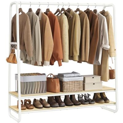 VASAGLE Kleiderständer, 2 Ablagen, 6 Haken in S-Form, Stahlgestell Garderobenständer, kleiderstange, 45 x 138 x 160 cm, für Schlafzimmer, eichenfarben-cremeweiß, COLTEN Kollektion RGR119W09 VASAGLE Kleiderständer, 2 Ablagen, 6 Haken in S-Form, Stahlgestell Garderobenständer, kleiderstange, 45 x 138 x 160 cm, für Schlafzimmer, eichenfarben-cremeweiß, COLTEN Kollektion RGR119W09
