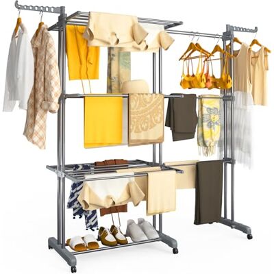VOUNOT ® Wäscheständer Ausziehbar 4 Ebenen, Platzsparender Turmwäscheständer mit Rollen & Faltbaren Flügeln, Standtrockner Wäscheturm Groß, für Innen & Außen, 190x64x170cm Grau VOUNOT ® Wäscheständer Ausziehbar 4 Ebenen, Platzsparender Turmwäscheständer mit Rollen & Faltbaren Flügeln, Standtrockner Wäscheturm Groß, für Innen & Außen, 190x64x170cm Grau