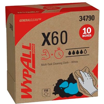 Wypall Wischtücher, X60, Industrielle Reinigungstücher, Hydroknit-Technologie, 1-lagig, 10 Zupfboxen x 118 Tücher, Weiß, 34790 Wypall Wischtücher, X60, Industrielle Reinigungstücher, Hydroknit-Technologie, 1-lagig, 10 Zupfboxen x 118 Tücher, Weiß, 34790