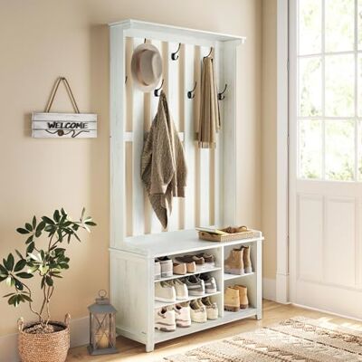 VASAGLE Garderobenständer, Kleiderständer, Schuhbank, Garderobe, Jackenständer mit Ablage, 7 Doppelhaken für Jacken, Hüte, Flur, Schlafzimmer, Wohnzimmer, 35 x 81 x 180 cm, vintageweiß HSR414W01 VASAGLE Garderobenständer, Kleiderständer, Schuhbank, Garderobe, Jackenständer mit Ablage, 7 Doppelhaken für Jacken, Hüte, Flur, Schlafzimmer, Wohnzimmer, 35 x 81 x 180 cm, vintageweiß HSR414W01