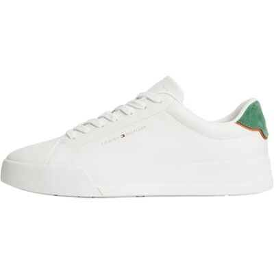 Tommy Hilfiger Herren Court Sneaker Detail Essential aus Leder, Grün (Ecru/Street Green), 40 Tommy Hilfiger Herren Court Sneaker Detail Essential aus Leder, Grün (Ecru/Street Green), 40