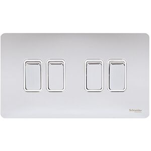 Schneider Electric Ultimate schraubenlose, flache Platte, 4-Gang-Wippschalter, 2-Wege-Lichtschalter, einpolig, 16 AX, GU1442WPC, poliertes Chrom mit weißem Einsatz Schneider Electric Ultimate schraubenlose, flache Platte, 4-Gang-Wippschalter, 2-Wege-Lichtschalter, einpolig, 16 AX, GU1442WPC, poliertes Chrom mit weißem Einsatz