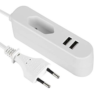 Electraline 70047, Elektrische Verlängerung/Europäischer Reiseadapter (Eurostecker Typ C) / Tragbares Schnellladegerät mit 2 USB 2.4A, 1.5M Kabel, Weib Electraline 70047, Elektrische Verlängerung/Europäischer Reiseadapter (Eurostecker Typ C) / Tragbares Schnellladegerät mit 2 USB 2.4A, 1.5M Kabel, Weib
