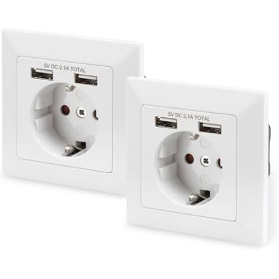 Digitus DA-70613 – Unterputz-Steckdose mit USB-A Ladegerät – 2 Stück – 2 USB-Buchsen – 5V / 2,1 A Gesamt – 250 V 50 Hz – Einbautiefe 32 mm – Bedingt Designfähig – Reinweiß RAL 9003 Digitus DA-70613 – Unterputz-Steckdose mit USB-A Ladegerät – 2 Stück – 2 USB-Buchsen – 5V / 2,1 A Gesamt – 250 V 50 Hz – Einbautiefe 32 mm – Bedingt Designfähig – Reinweiß RAL 9003