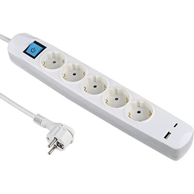 Electraline 62165 Steckdosenleiste 5-Fach Schuko mit Schalter + 2 USB 3.4A 17W (1 Typ A + 1 Typ C), Kabel 1.5M / Mehrfachsteckdose/Tischsteckdose Steckerleiste, Extra Flacher Stecker Electraline 62165 Steckdosenleiste 5-Fach Schuko mit Schalter + 2 USB 3.4A 17W (1 Typ A + 1 Typ C), Kabel 1.5M / Mehrfachsteckdose/Tischsteckdose Steckerleiste, Extra Flacher Stecker
