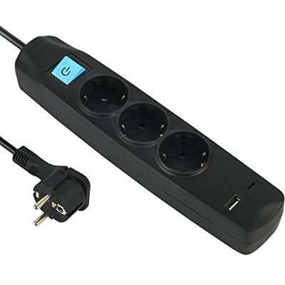 Electraline 62164 Steckdosenleiste 3-Fach Schuko mit Schalter + 2 USB 3.4A 17W (1 Typ A + 1 Typ C), Kabel 1.5M / Mehrfachsteckdose/Tischsteckdose Steckerleiste, Extra Flacher Stecker Electraline 62164 Steckdosenleiste 3-Fach Schuko mit Schalter + 2 USB 3.4A 17W (1 Typ A + 1 Typ C), Kabel 1.5M / Mehrfachsteckdose/Tischsteckdose Steckerleiste, Extra Flacher Stecker