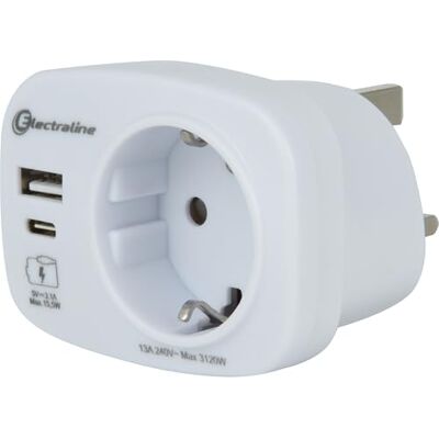 Electraline 70037 Reiseadapter UK, Deutschland Stecker, UK Adapter Steckdose mit 2 USB (1 typ A 3.1A + 1 typ C) Max 15.5W Electraline 70037 Reiseadapter UK, Deutschland Stecker, UK Adapter Steckdose mit 2 USB (1 typ A 3.1A + 1 typ C) Max 15.5W