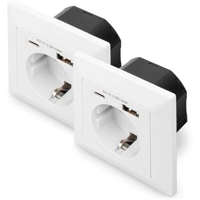 Digitus DA-70615 – Unterputz-Steckdose mit USB-Ladegerät – 2 Stück – 1x USB-A bis 2.8 A / 1x USB-C bis 2.8 A – Einbautiefe 32 mm – Bedingt Designfähig – Reinweiß RAL 9003 Digitus DA-70615 – Unterputz-Steckdose mit USB-Ladegerät – 2 Stück – 1x USB-A bis 2.8 A / 1x USB-C bis 2.8 A – Einbautiefe 32 mm – Bedingt Designfähig – Reinweiß RAL 9003