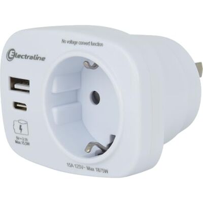 Electraline 70036 Reiseadapter USA, Deutschland Stecker, USA Adapter Steckdose mit 2 USB (A+C) Max 15.5W Electraline 70036 Reiseadapter USA, Deutschland Stecker, USA Adapter Steckdose mit 2 USB (A+C) Max 15.5W