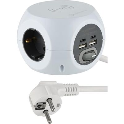 Electraline 62079 Mini Cube Steckdosenleiste mit schnellem drahtlosem Ladegerät, Fast Wirelss Charger, mit 3 USB-Anschlüssen 2,4 A, mit 3 Steckdosen mit Schalter, 1,5 m Kabel, weiß, Weib Electraline 62079 Mini Cube Steckdosenleiste mit schnellem drahtlosem Ladegerät, Fast Wirelss Charger, mit 3 USB-Anschlüssen 2,4 A, mit 3 Steckdosen mit Schalter, 1,5 m Kabel, weiß, Weib