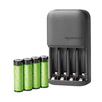 Amazon AA NiMh Batterien, wiederaufladbar, mit Batterieladegerät für 4 Batterien, EU-Stecker, 4 Stück, Schwarz Amazon AA NiMh Batterien, wiederaufladbar, mit Batterieladegerät für 4 Batterien, EU-Stecker, 4 Stück, Schwarz
